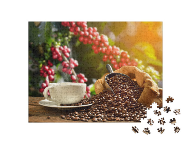 Cup of Coffee with Smoke & Coffee Beans in Burlap Sack on... Jigsaw Puzzle with 500 pieces