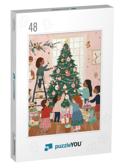 Children Decorate the Christmas Tree Together Jigsaw Puzzle with 48 pieces