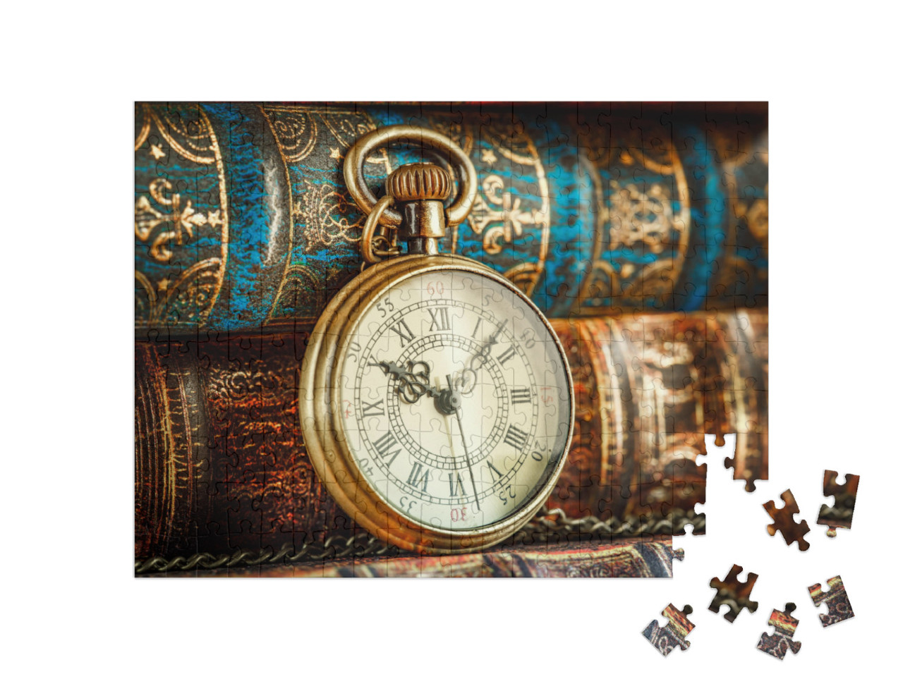 Vintage Antique Pocket Watch on the Background of Old Boo... Jigsaw Puzzle with 200 pieces