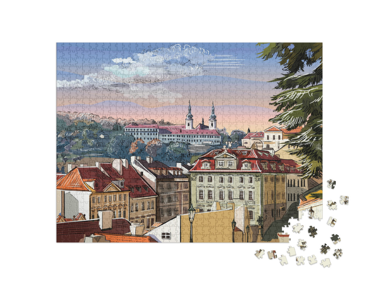 Colorful Vector Hand Drawing Illustration of Panoramic Ci... Jigsaw Puzzle with 1000 pieces