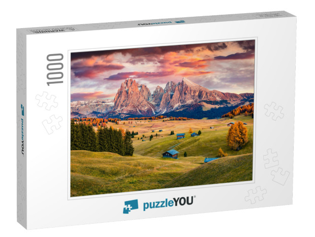 Unbelievable Sunrise on Alpe Di Siusi Mountain Plateau wi... Jigsaw Puzzle with 1000 pieces