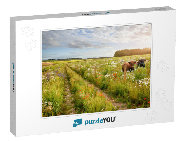 Wild Flower Meadow with Two Beautiful Cows & a Track & Ba... Jigsaw Puzzle