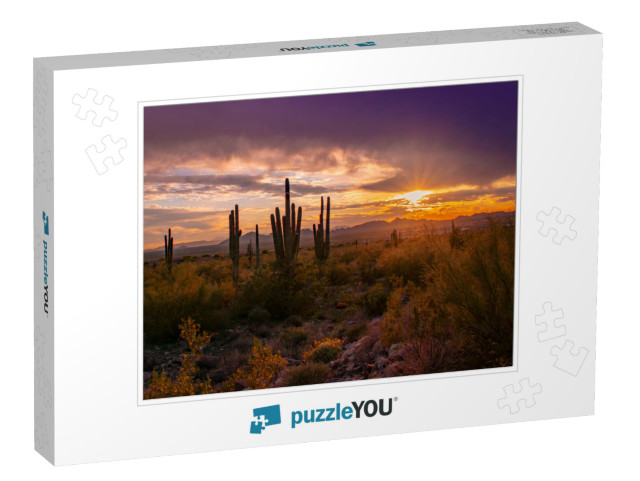 Arizona Desert Landscape with Saguaro Cactus At Sunset... Jigsaw Puzzle