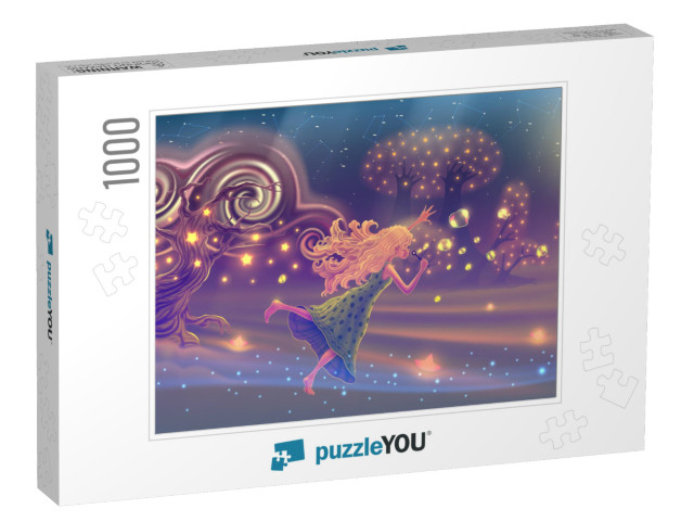 Fantasy Forest Landscape with Dreaming Girl Blowing Soap... Jigsaw Puzzle with 1000 pieces