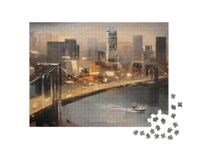 Oil Painting on Canvas - View of New York, River & Bridge... Jigsaw Puzzle with 1000 pieces