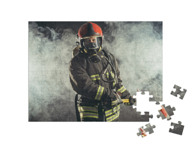 Portrait of Serious & Confident Caucasian Fireman Stand H... Jigsaw Puzzle with 100 pieces