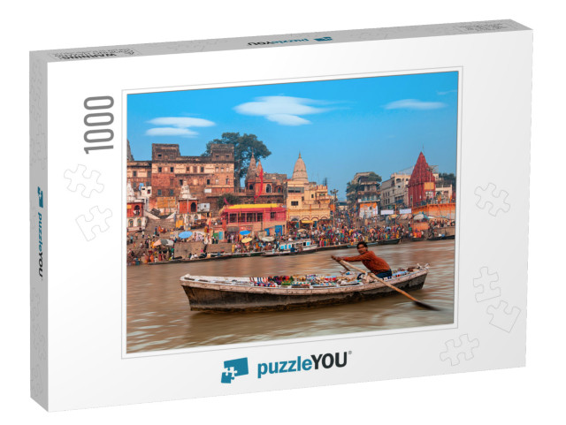 A View of Holy Ghats of Varanasi with a Boatman Sailing... Jigsaw Puzzle with 1000 pieces