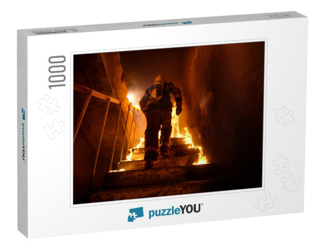 Strong & Brave Firefighter Going Up the Stairs in Burning... Jigsaw Puzzle with 1000 pieces