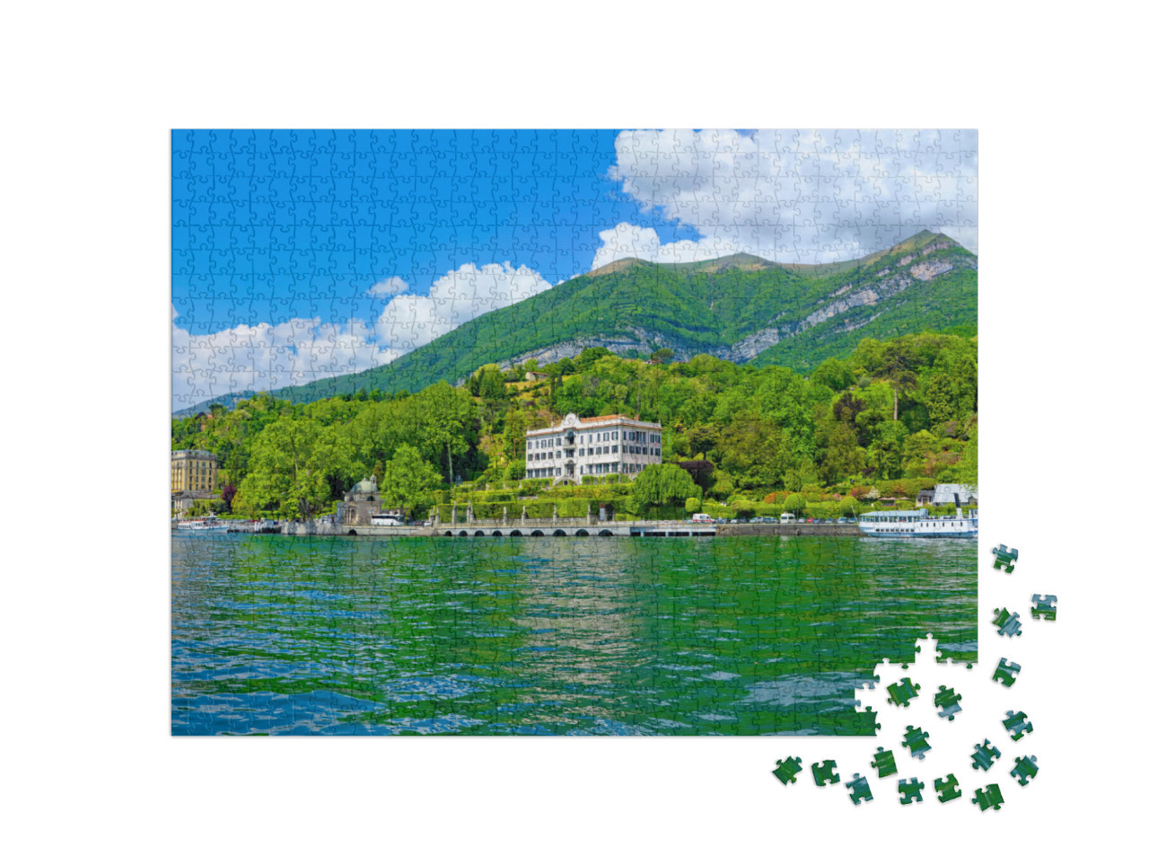 Sunny Panorama At Lake Como with Sightseeing Boat... Jigsaw Puzzle with 1000 pieces