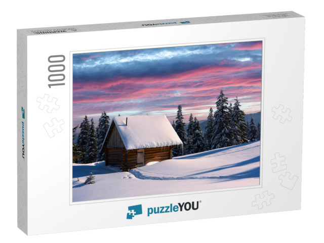 Fantastic Winter Landscape with Wooden House in Snowy Mou... Jigsaw Puzzle with 1000 pieces