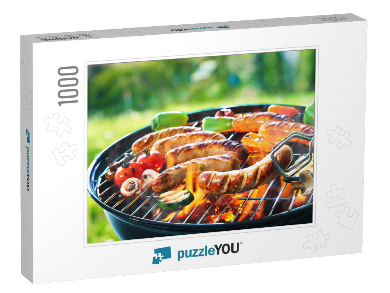 Grilled sausage on the picnic flaming grill Jigsaw Puzzle with 1000 pieces