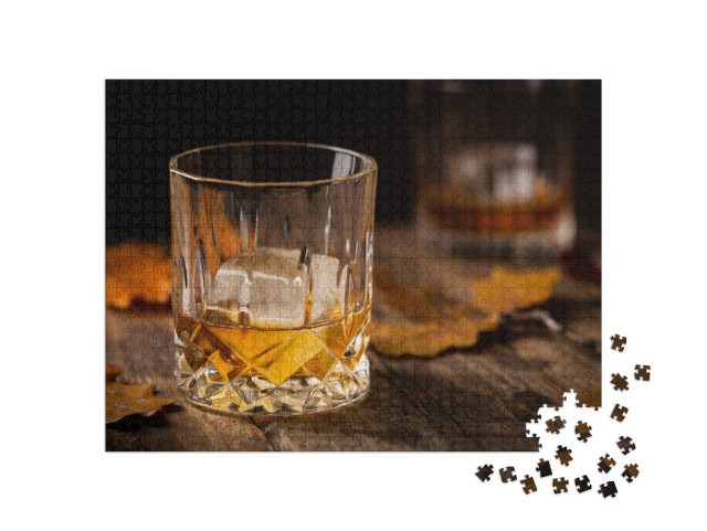 Glass of Scotch Whiskey & Ice on Wooden Background with A... Jigsaw Puzzle with 1000 pieces