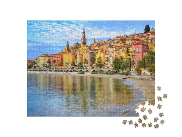 Sand Beach Beneath the Colorful Old Town Menton on French... Jigsaw Puzzle with 1000 pieces