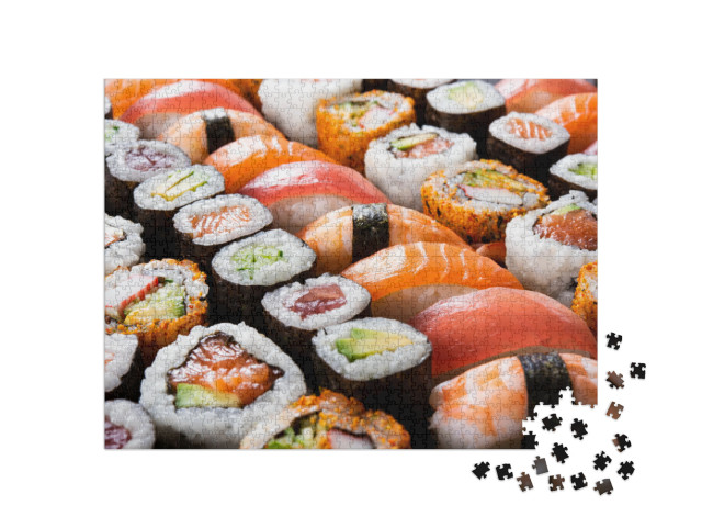 Overhead Japanese Sushi Food. Maki Ands Rolls with Tuna... Jigsaw Puzzle with 1000 pieces