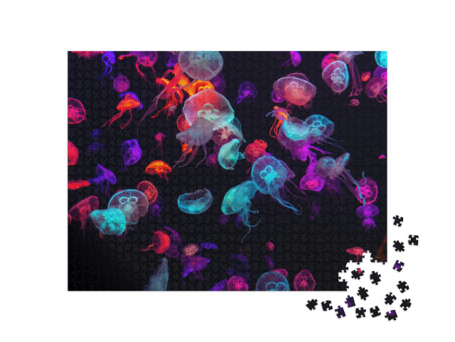 Colorful Jellyfish Underwater. Jellyfish Moving in Water... Jigsaw Puzzle with 1000 pieces