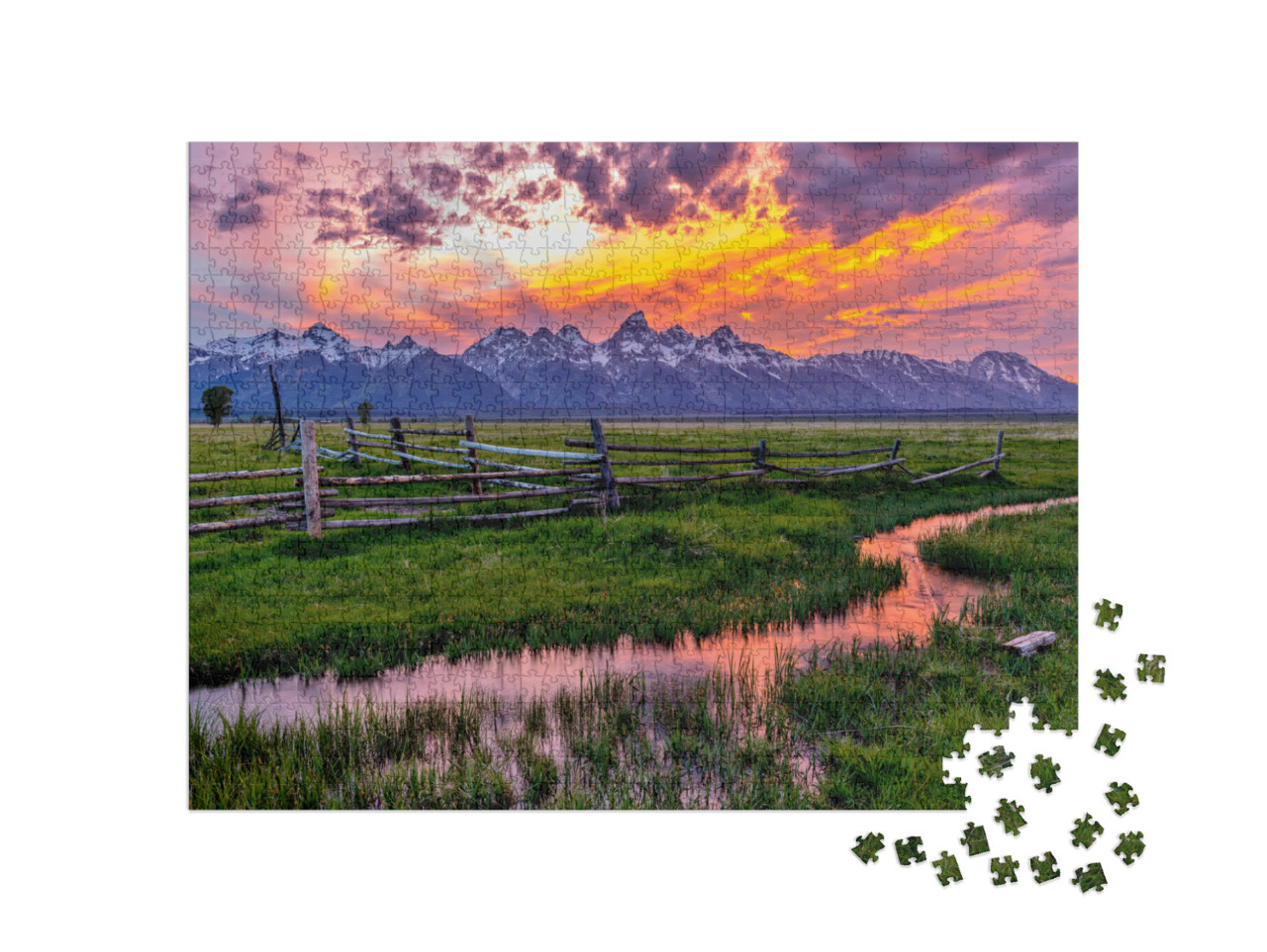 Golden Fiery Sunset At Grand Teton - a Colorful Spring Su... Jigsaw Puzzle with 1000 pieces