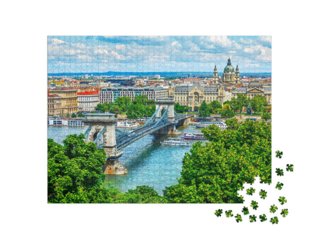 Chain Bridge on Danube River in Budapest City. Hungary. U... Jigsaw Puzzle with 1000 pieces