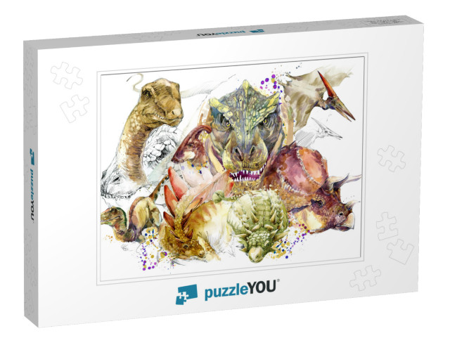 Dinosaur Watercolor Illustration Set. Tropical Exotic For... Jigsaw Puzzle