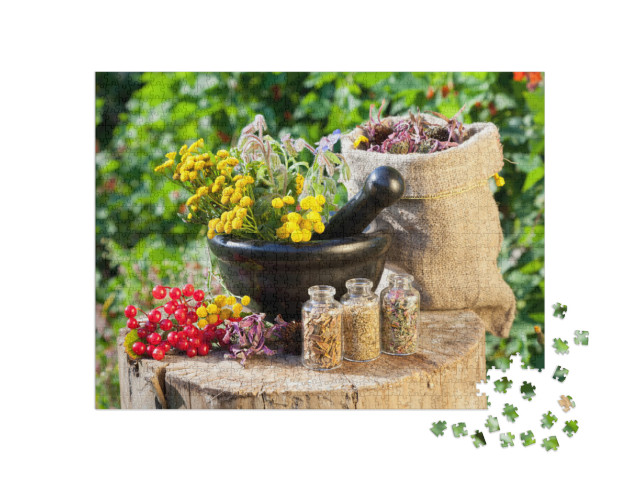 Healing Herbs in Mortar & in Sack, Herbal Medicine... Jigsaw Puzzle with 1000 pieces