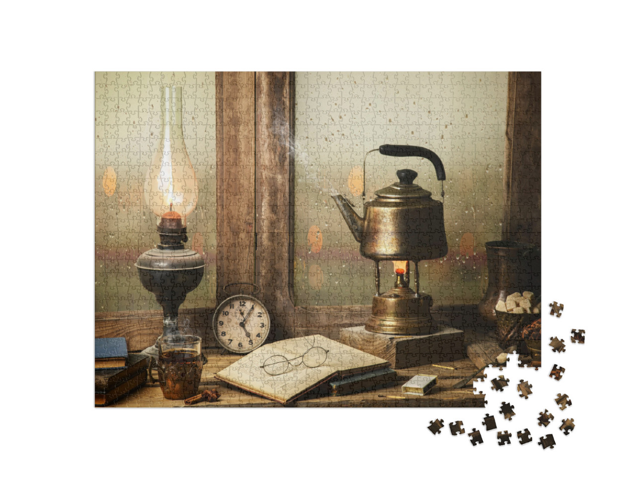 Classic Still Life with Hot Tea Pot Placed with Illuminat... Jigsaw Puzzle with 1000 pieces