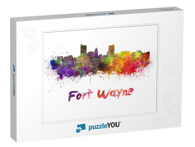 Fort Wayne Skyline in Watercolor Splatters with Clipping... Jigsaw Puzzle