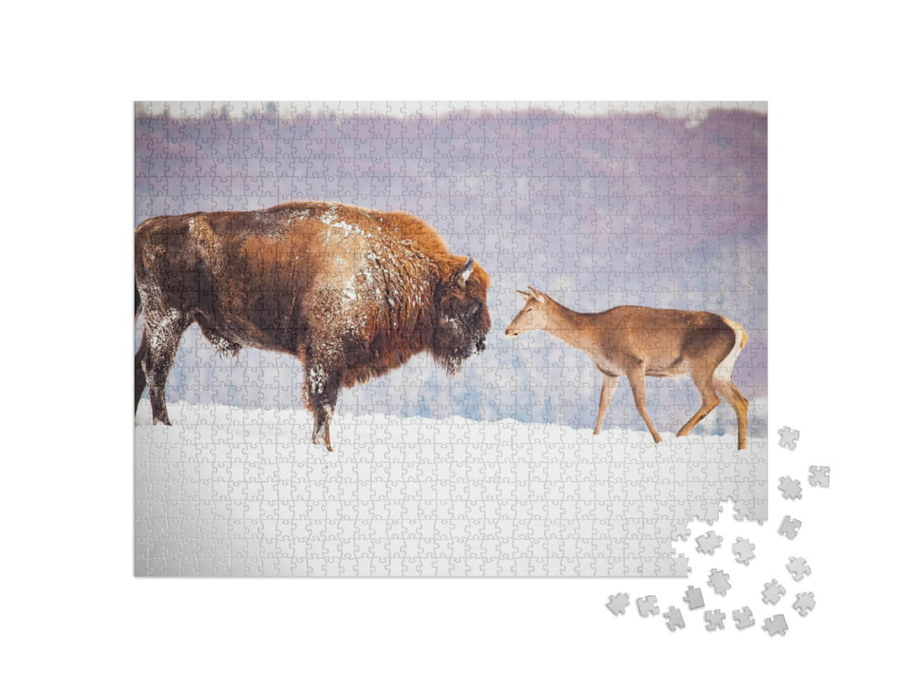 European Bison & Deer in Winter... Jigsaw Puzzle with 1000 pieces