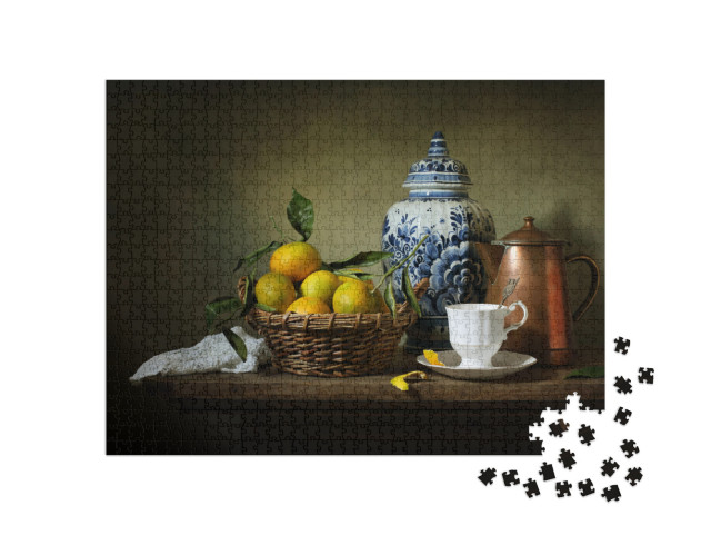 Still Life with Mandarins & a Delft Vase Textured for Art... Jigsaw Puzzle with 1000 pieces