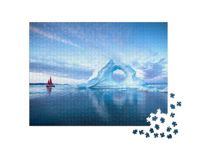 Sail Boat with Red Sails Cruising Among Massive Ice Bergs... Jigsaw Puzzle with 1000 pieces