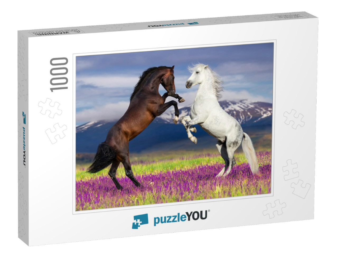 Two Horse Rearing Up Against Mountain View in Flower Fiel... Jigsaw Puzzle with 1000 pieces