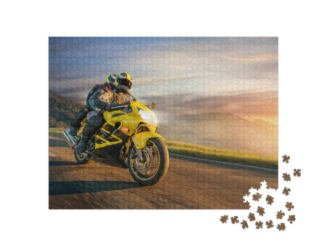 Motorbikers on Sports Motorbike Riding in Sunset. Outdoor... Jigsaw Puzzle with 1000 pieces