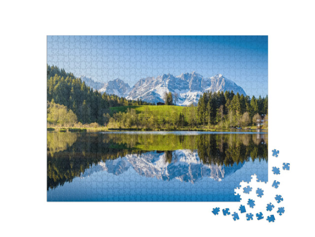 Idyllic Alpine Scenery, Snowy Mountains Mirroring in a Sm... Jigsaw Puzzle with 1000 pieces