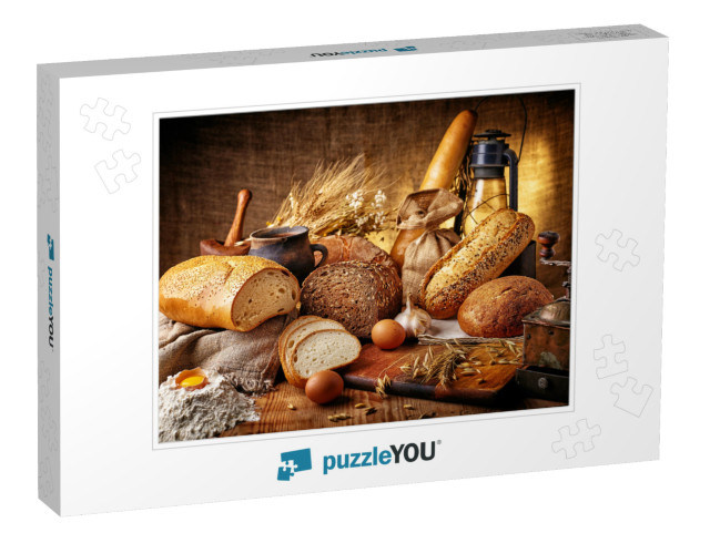 Country Still Life with Bread, Cheese, Mushrooms & Wine i... Jigsaw Puzzle