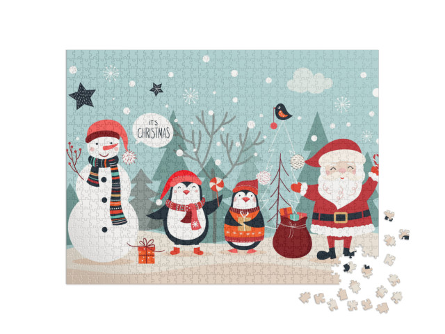 Christmas Card with Funny Characters on a Winter Backgrou... Jigsaw Puzzle with 1000 pieces