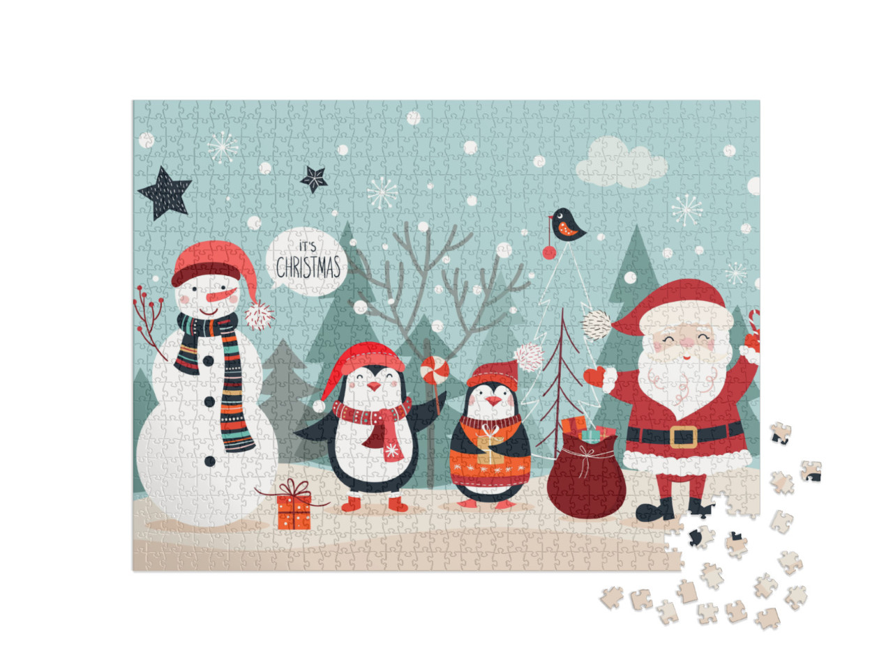 Christmas Card with Funny Characters on a Winter Backgrou... Jigsaw Puzzle with 1000 pieces