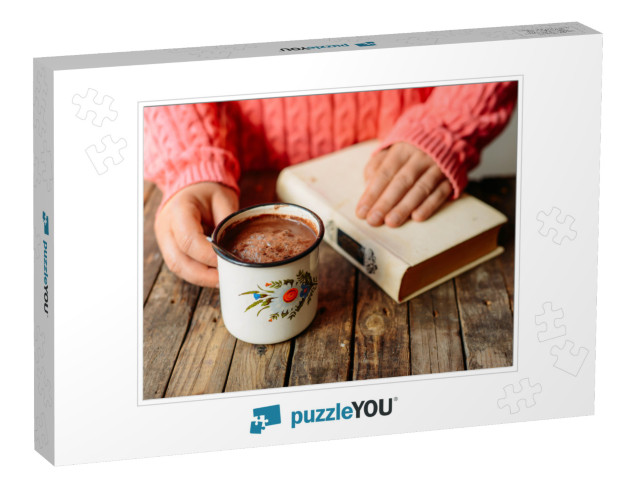 Woman Holding Cup of Hot Chocolate. Hot Chocolate in Wood... Jigsaw Puzzle