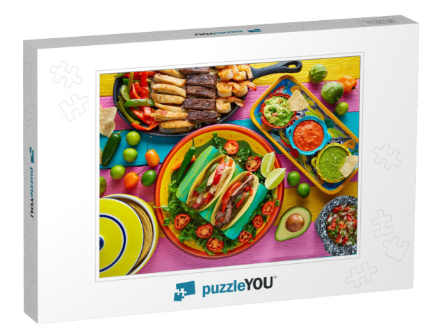 Mexican Chicken & Beef Fajitas Tacos in Colorful Table wi... Jigsaw Puzzle