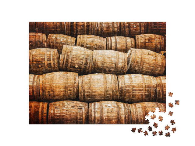 Stacked Pile of Old Whisky & Wine Wooden Barrels in Vinta... Jigsaw Puzzle with 1000 pieces