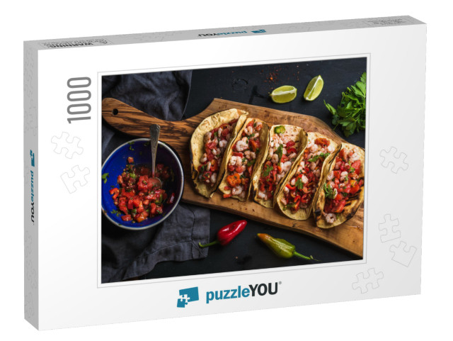 Shrimp Tacos with Homemade Salsa, Limes & Parsley on Wood... Jigsaw Puzzle with 1000 pieces