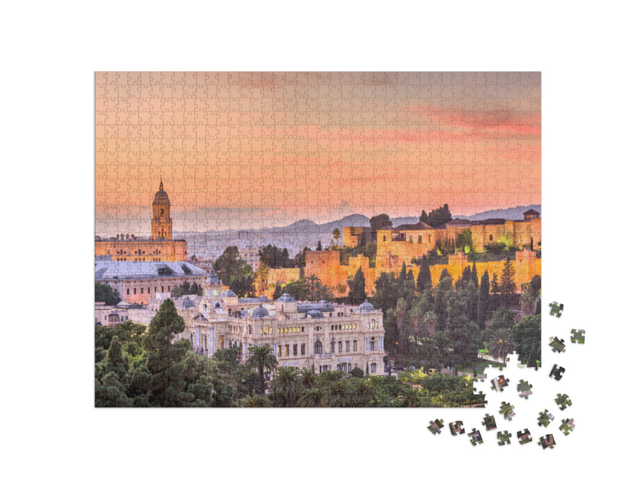 Malaga, Spain Old Town Skyline At Dusk... Jigsaw Puzzle with 1000 pieces