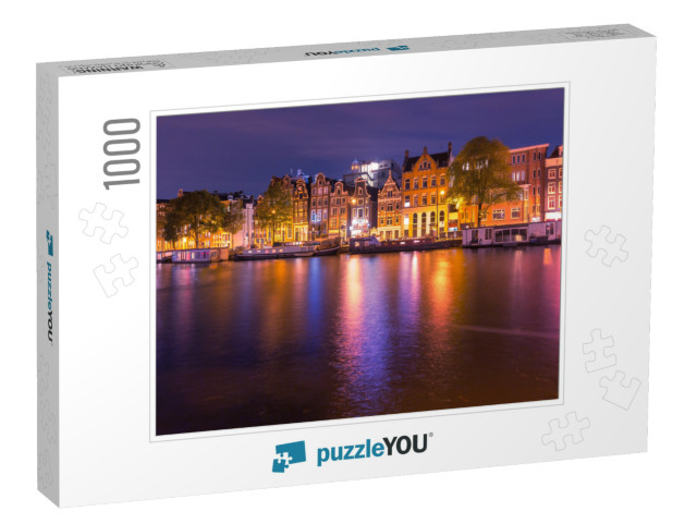 Amsterdam Canal Amstel with Typical Dutch Houses & Houseb... Jigsaw Puzzle with 1000 pieces