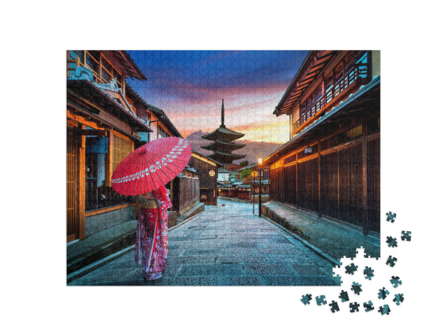 Asian Woman Wearing Japanese Traditional Kimono At Yasaka... Jigsaw Puzzle with 1000 pieces