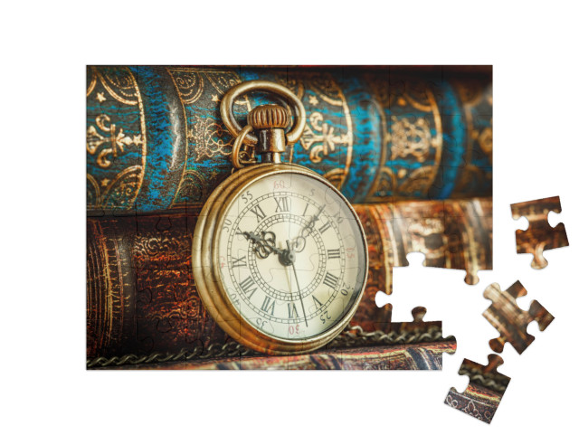 Vintage Antique Pocket Watch on the Background of Old Boo... Jigsaw Puzzle with 48 pieces