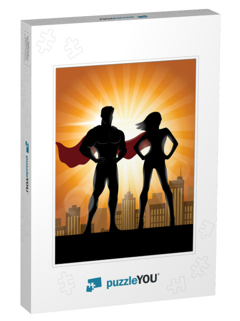 Superhero Couple Silhouette with City Skyline Background... Jigsaw Puzzle