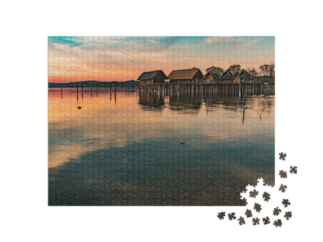 Colorful Sunset At Lake Dwellings of the Stone & Bronze A... Jigsaw Puzzle with 1000 pieces