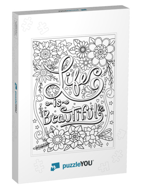 Life is Beautiful Font with Flower Elements. Hand... Jigsaw Puzzle