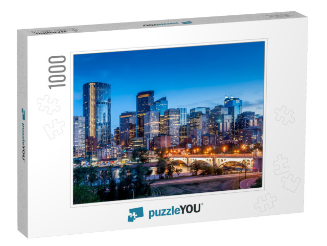 Calgary Skyline At Night with Bow River & Centre Street B... Jigsaw Puzzle with 1000 pieces