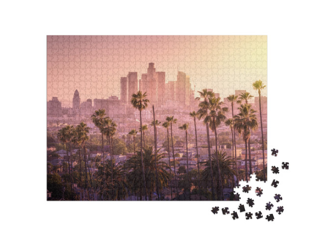 Beautiful Sunset of Los Angeles Downtown Skyline & Palm T... Jigsaw Puzzle with 1000 pieces