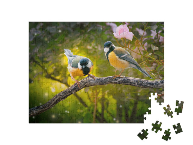 Fantasy Portrait of Two Tit Birds Sitting on Tree Branch... Jigsaw Puzzle with 200 pieces