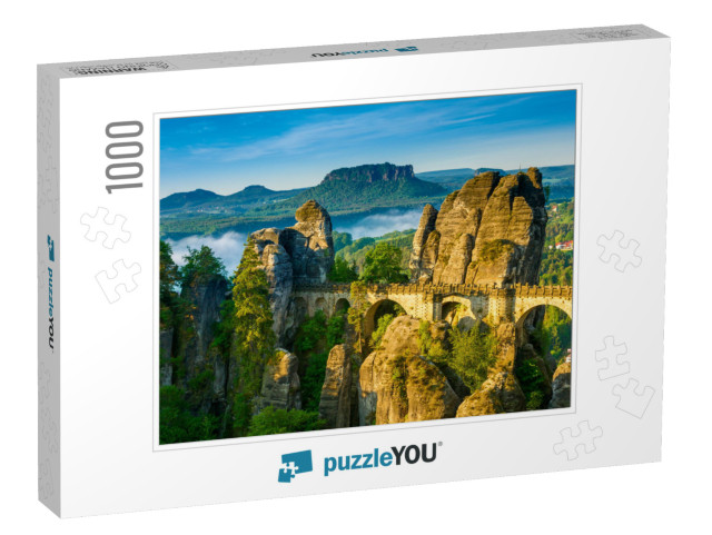 Bridge Named Bastei in Saxon Switzerland, At Sunrise & th... Jigsaw Puzzle with 1000 pieces