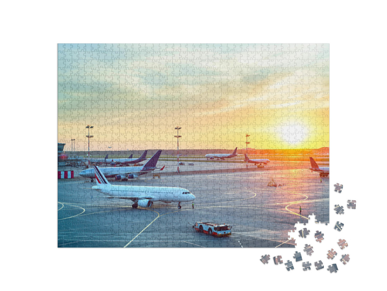 Airport with Many Airplanes At Beautiful Sunset... Jigsaw Puzzle with 1000 pieces